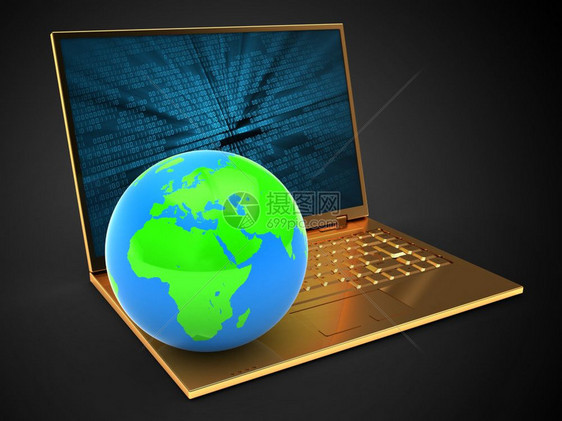 3d显示黄金计算机在黑色背景上与二进制数据屏幕和地球的黄金计算机插图图片
