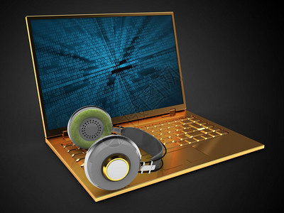 3d显示金色计算机黑底带有二进制数据屏幕和耳机图片