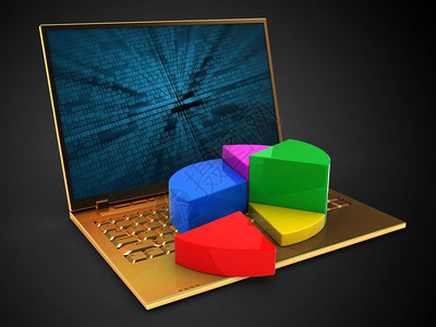 3d金色计算机在黑背景上加二进制数据屏幕和派图表的3d插图片