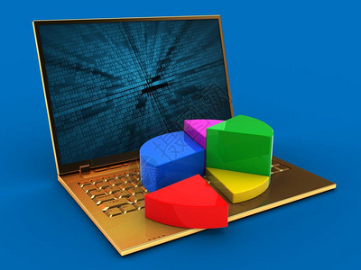 3d金色计算机蓝背景图加上二进制数据屏幕和馅饼图表图片