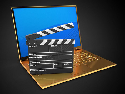 3d黑色背景的金电脑图示带有蓝色反映屏幕和电影拍图片