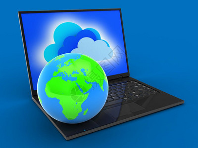 以云层屏幕和地球为蓝背景用笔记本电脑图3d图片