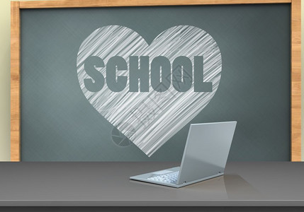 3d插图带有心脏学校文本和笔记电脑的黑板空白图片
