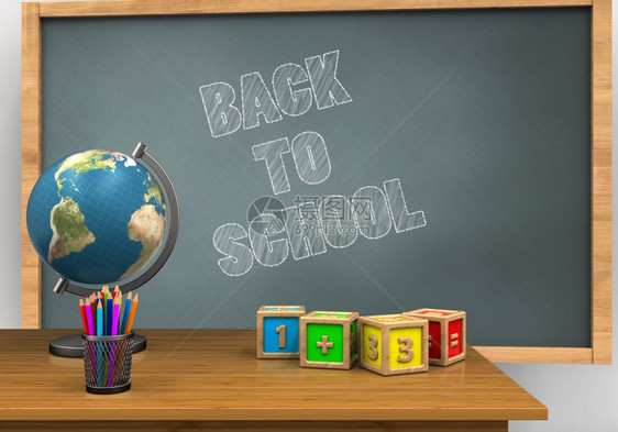 3d插图黑板背回学校文字和数立方体3d桌面图片
