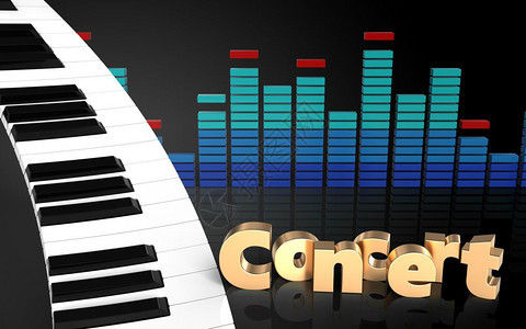 钢琴键盘的3d插图在黑色背景音乐会标志3d钢琴键盘音乐会标志背景图片