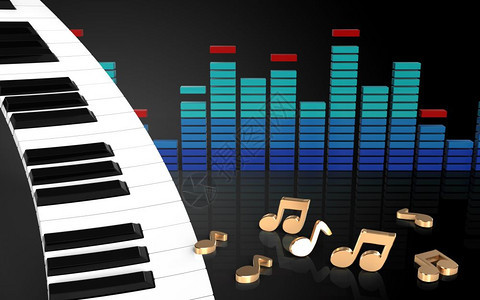 钢琴键盘的3d插图在黑色背景与音符三维谱钢琴键盘图片