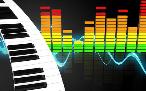 3d演示钢琴键盘在声波黑色背景上空音频谱图片
