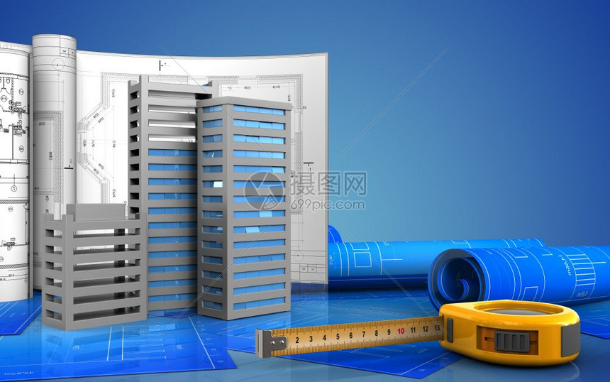 3d城市建筑图示以蓝色背景为图纸图片