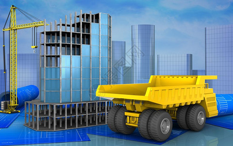 3d现代建筑框架的3个插图在摩天大楼背景上架起重机型卡车图片