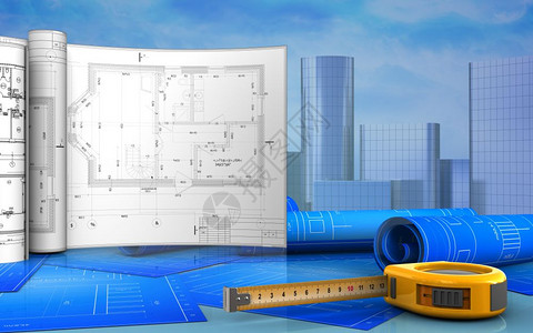 3d标尺图解以摩天大楼背景上的图纸显示尺图片