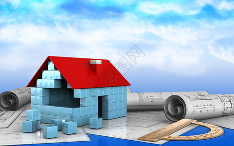 3d插图说明在天空背景上建筑住宅区块绘图卷背景图片