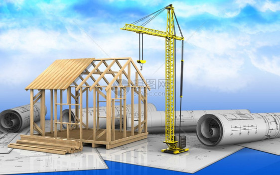 3d说明在天空背景下建造框架房屋起重机图片