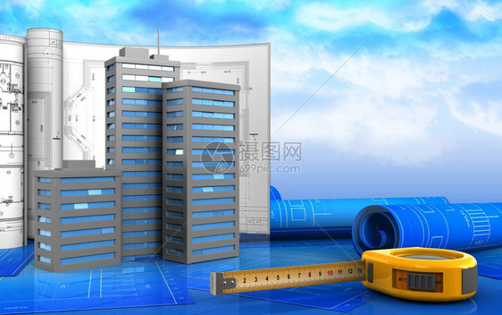 3d城市建筑图示以天空背景为图画图片