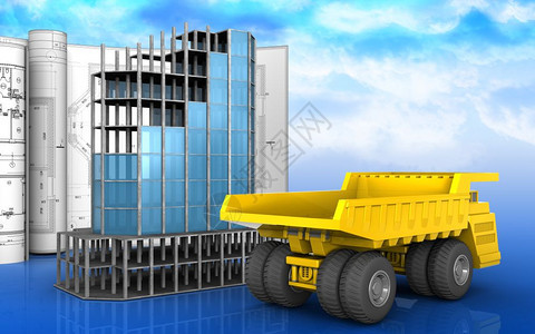 3d说明现代建筑框架的在天空背景上绘制图画重型卡车图片