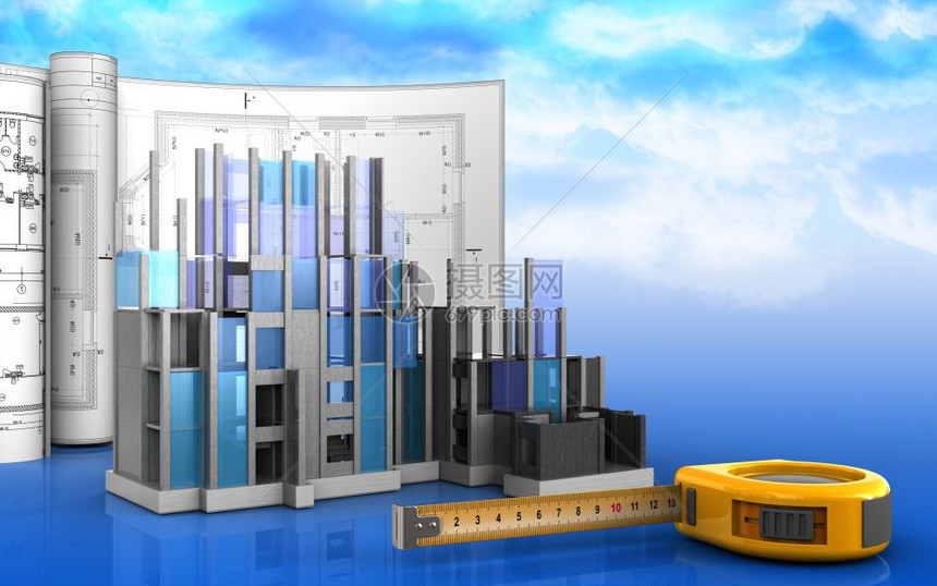 3d以天空背景图纸显示施工进度图空白图片