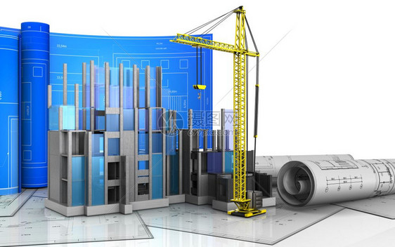 3d显示建筑施工进度在白色背景上绘制图卷显示图片