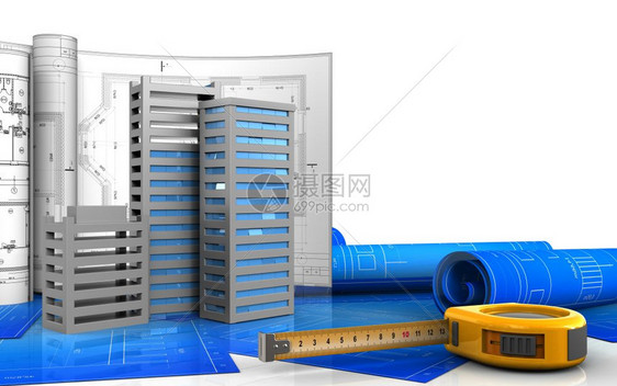 3d城市建筑图解用白色背景图纸绘制图片