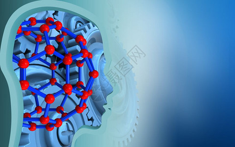 3d蓝色背景和齿轮的分子结构图示头部剖面图图片