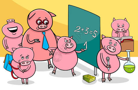 学校小猪类动物人漫画插图图片