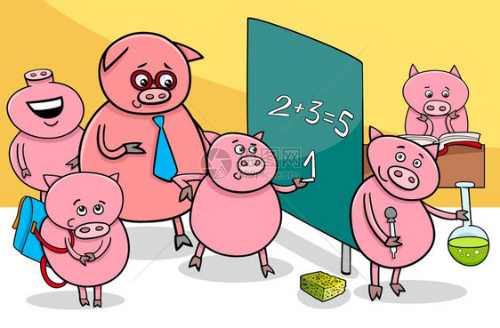 学校小猪类动物人漫画插图图片