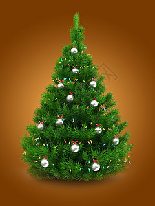 3d说明绿色圣诞树在橙背景之上带有灯光和金属球的绿色圣诞树图片
