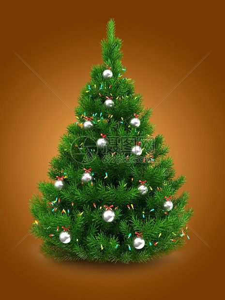 3d说明绿色圣诞树在橙背景之上带有灯光和金属球的绿色圣诞树图片