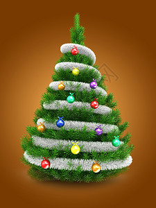 3d说明在橙色背景之上的绿圣诞节树上加锡灰和玻璃球的绿色圣诞树图片