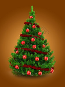 3d说明红锡和球在橙色背景之上的绿圣诞树图片