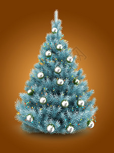 3d蓝色圣诞树在橙背景上加灯光和银球的蓝色圣诞树插图图片