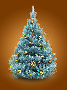 3d蓝色圣诞树在橙背景之上有灯光和金球的蓝色圣诞树插图图片