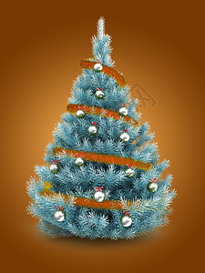 3d以橙色木罐和金属球在橙色背景之上的蓝圣诞树图片