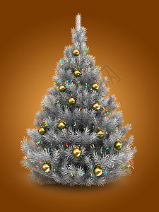 3d银色圣诞树在橙背景上加亮光和金球的银色圣诞树插图图片