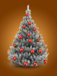 3d银色圣诞树在橙背景上加灯光和红球的银色圣诞树插图图片