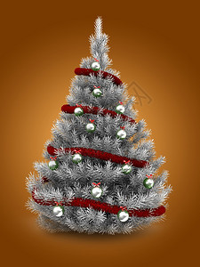 3d以红锡和金属球在橙色背景之上的银圣诞树图片