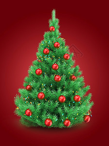 3d说明红背景的圣诞树有灯光和红球图片