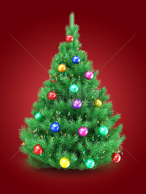 3d说明红背景的圣诞树有灯光和彩色球图片