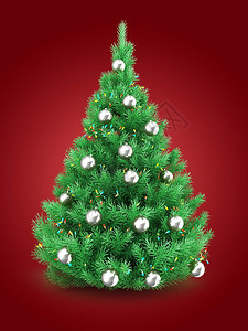 3d灯光和银球红底的圣诞树图片