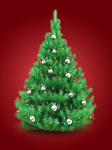 3d说明红背景的圣诞树上面有灯光和铬球图片