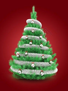 3d以锡灰和金属球在红色背景之上的圣诞树图片
