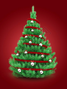 3d说明红底树上圣诞和锡金属球图片