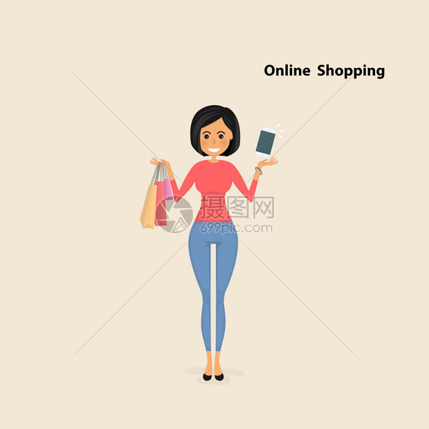 妇女购买产品并使用智能手机在线购物图片