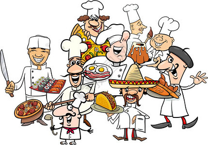 有趣的国际烹饪厨师配菜盘的漫画插图图片