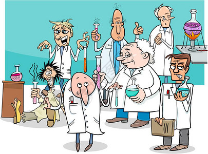 漫画插图滑稽或疯狂科学家角色组做实验图片
