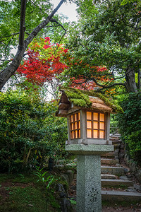 日本京都荒山竹林中的神殿神灯日本京都久子寺的灯图片