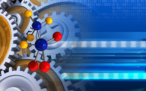 3d以齿轮说明网络背景上的分子空白图片