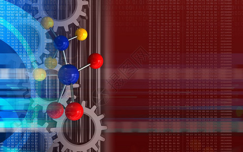 3d分子与齿轮对着红色底的分子插图图片