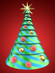 红色背景上的圣诞树与球的三维插图红色上方的3d圣诞树图片