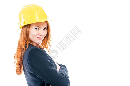 黄色头盔上女建筑师肖像画右侧的白色背景空间图片
