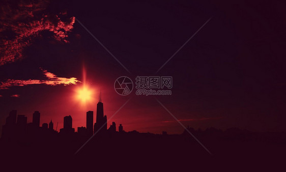 黄昏时段的芝加哥天窗轮廓图片
