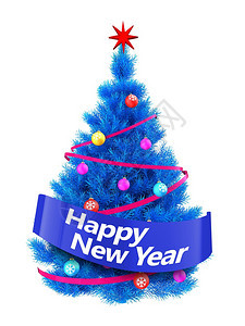 3d白背景上的蓝圣诞树色快乐的新年标志图片